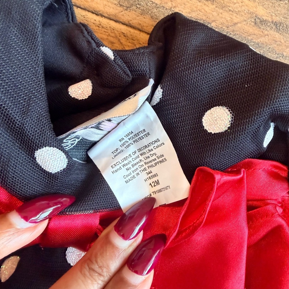 Rare Editions Baby Girls Black White Polka Dot Dress Red Bow 12M Minnie Mouse - Picture 3 of 6